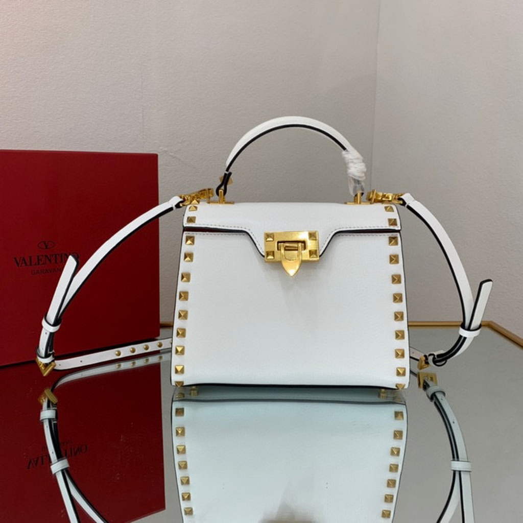 Valentino 71000 Small Rockstud Alcove Handbag In Grainy Calfskin  XW2B0J71 White