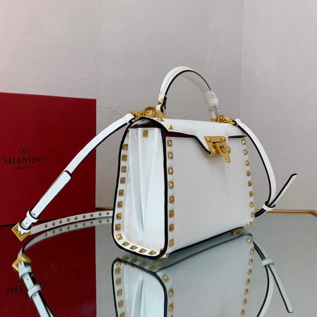 Valentino 71000 Small Rockstud Alcove Handbag In Grainy Calfskin  XW2B0J71 White