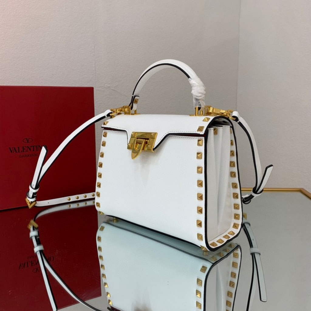 Valentino 71000 Small Rockstud Alcove Handbag In Grainy Calfskin  XW2B0J71 White
