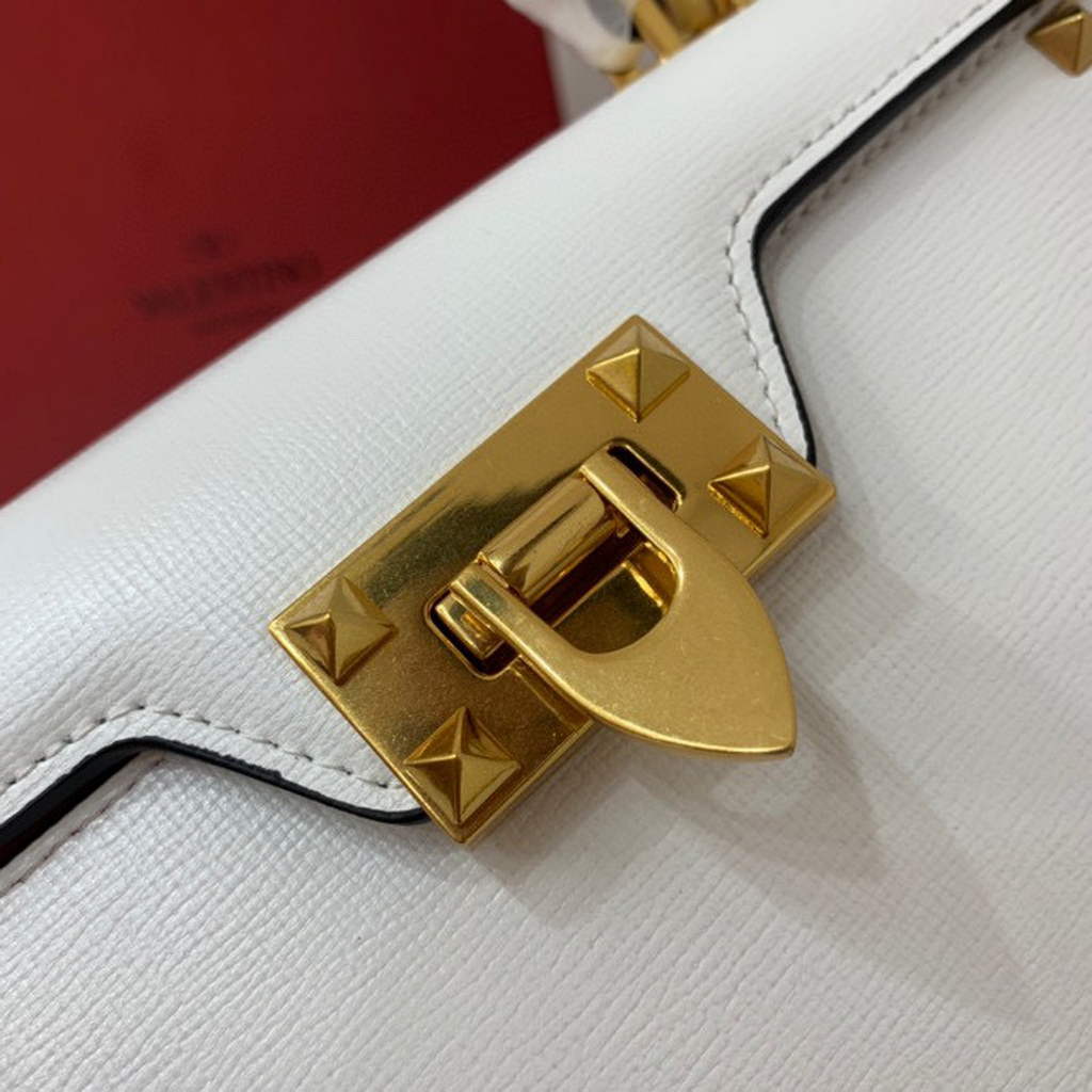 Valentino 71000 Small Rockstud Alcove Handbag In Grainy Calfskin  XW2B0J71 White