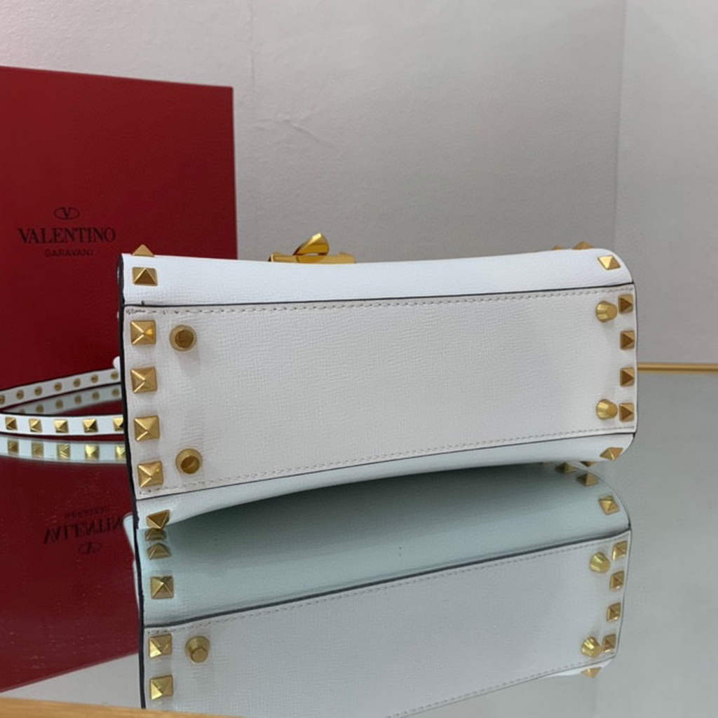 Valentino 71000 Small Rockstud Alcove Handbag In Grainy Calfskin  XW2B0J71 White