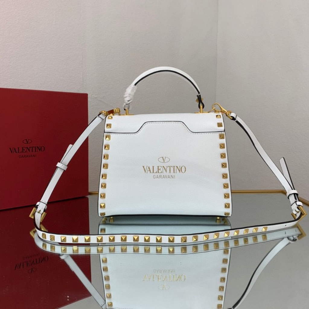 Valentino 71000 Small Rockstud Alcove Handbag In Grainy Calfskin  XW2B0J71 White