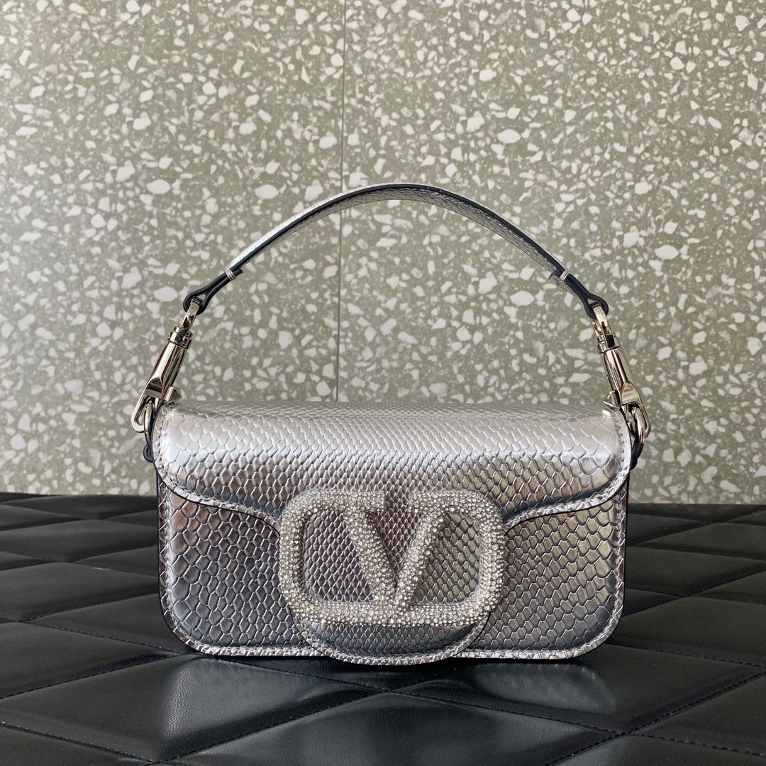 Valentino 8W2B0K53SPV_C8N Garavani Locò small shoulder bag in laminated elaphe Silver - Default Title - View 1