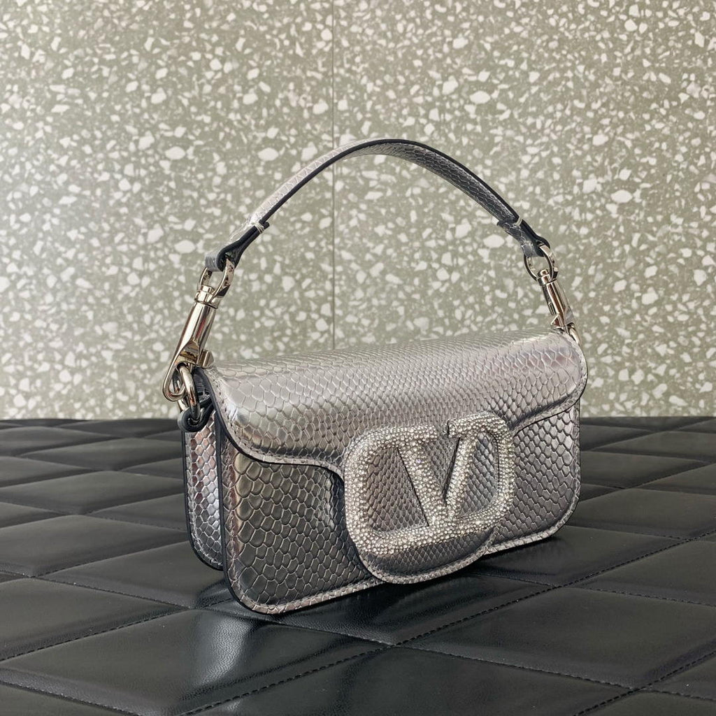 Valentino 8W2B0K53SPV_C8N Garavani Locò small shoulder bag in laminated elaphe Silver