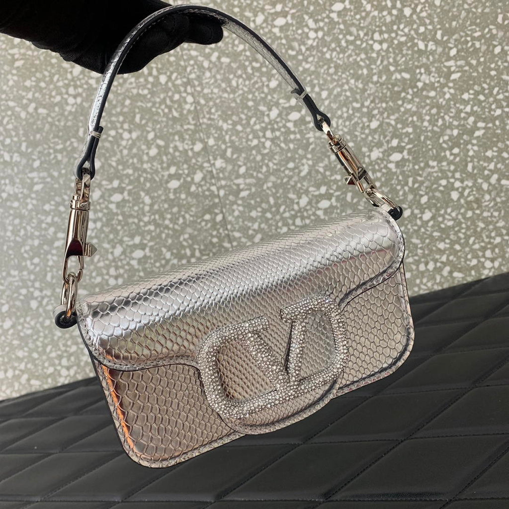 Valentino 8W2B0K53SPV_C8N Garavani Locò small shoulder bag in laminated elaphe Silver