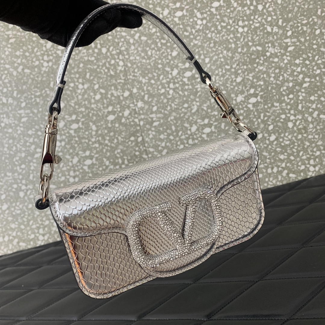 Valentino 8W2B0K53SPV_C8N Garavani Locò small shoulder bag in laminated elaphe Silver