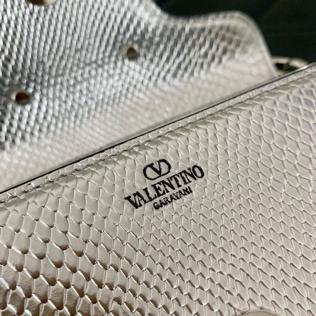 Valentino 8W2B0K53SPV_C8N Garavani Locò small shoulder bag in laminated elaphe Silver