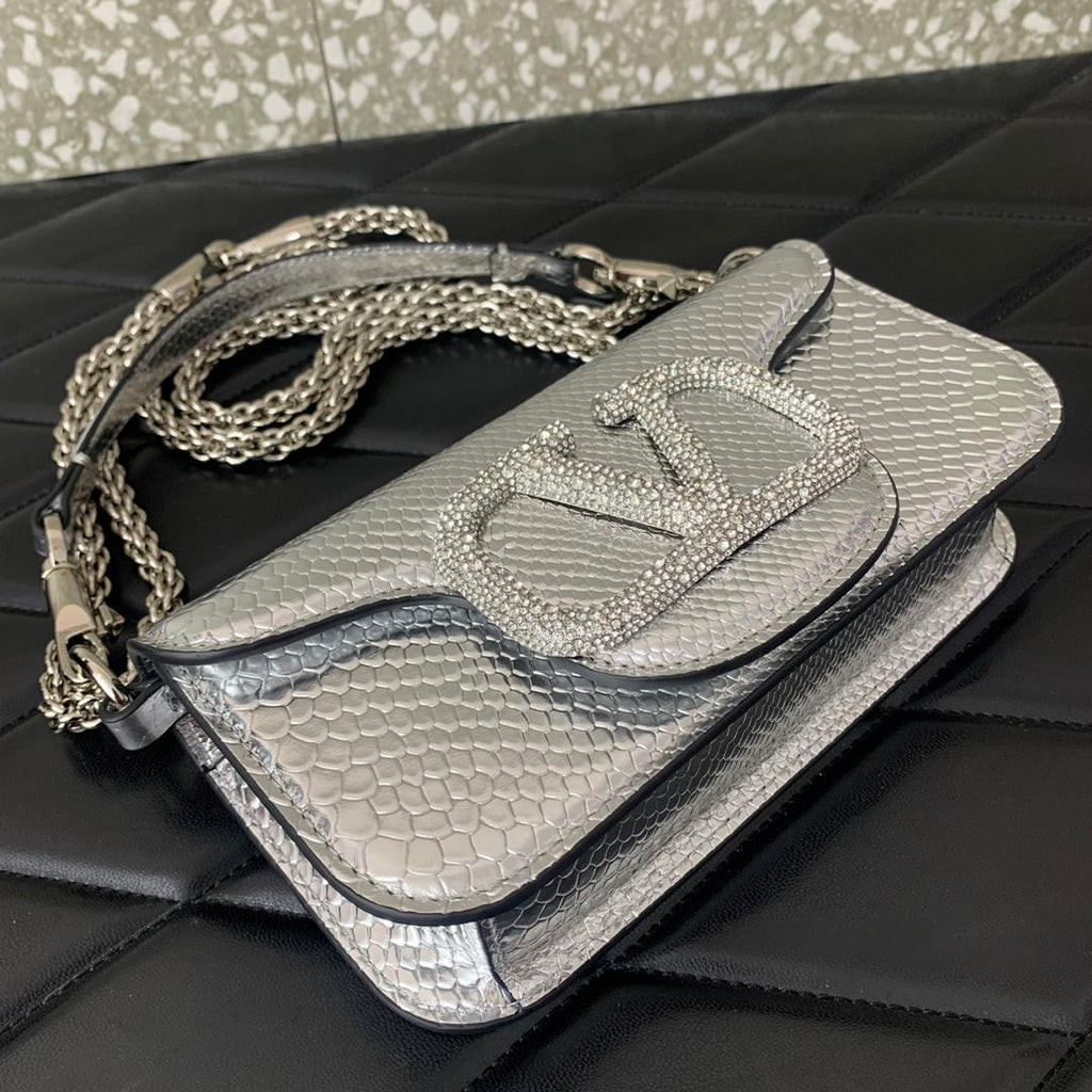 Valentino 8W2B0K53SPV_C8N Garavani Locò small shoulder bag in laminated elaphe Silver