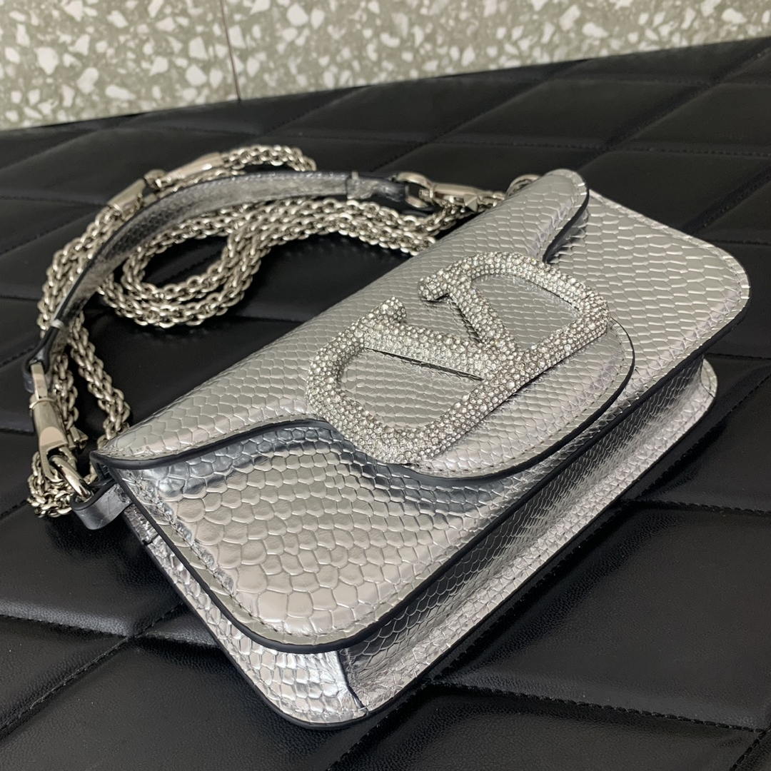 Valentino 8W2B0K53SPV_C8N Garavani Locò small shoulder bag in laminated elaphe Silver
