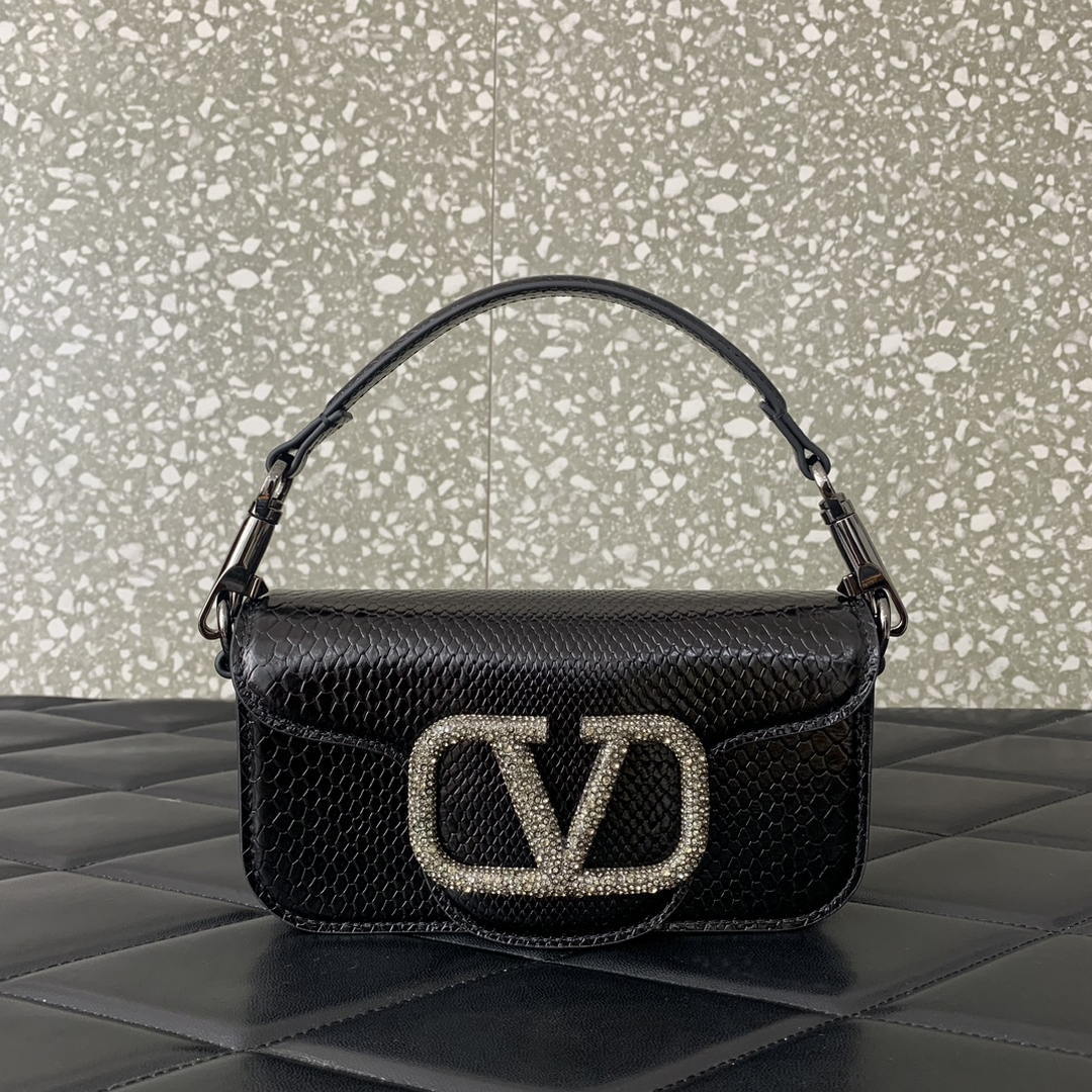 Valentino 8W2B0K53SPV_C8N Garavani Locò small shoulder bag in laminated elaphe Black