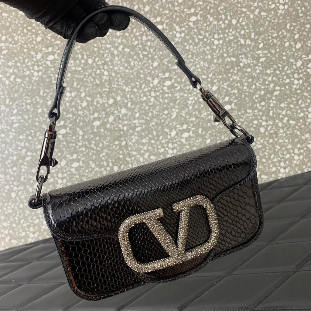 Valentino 8W2B0K53SPV_C8N Garavani Locò small shoulder bag in laminated elaphe Black