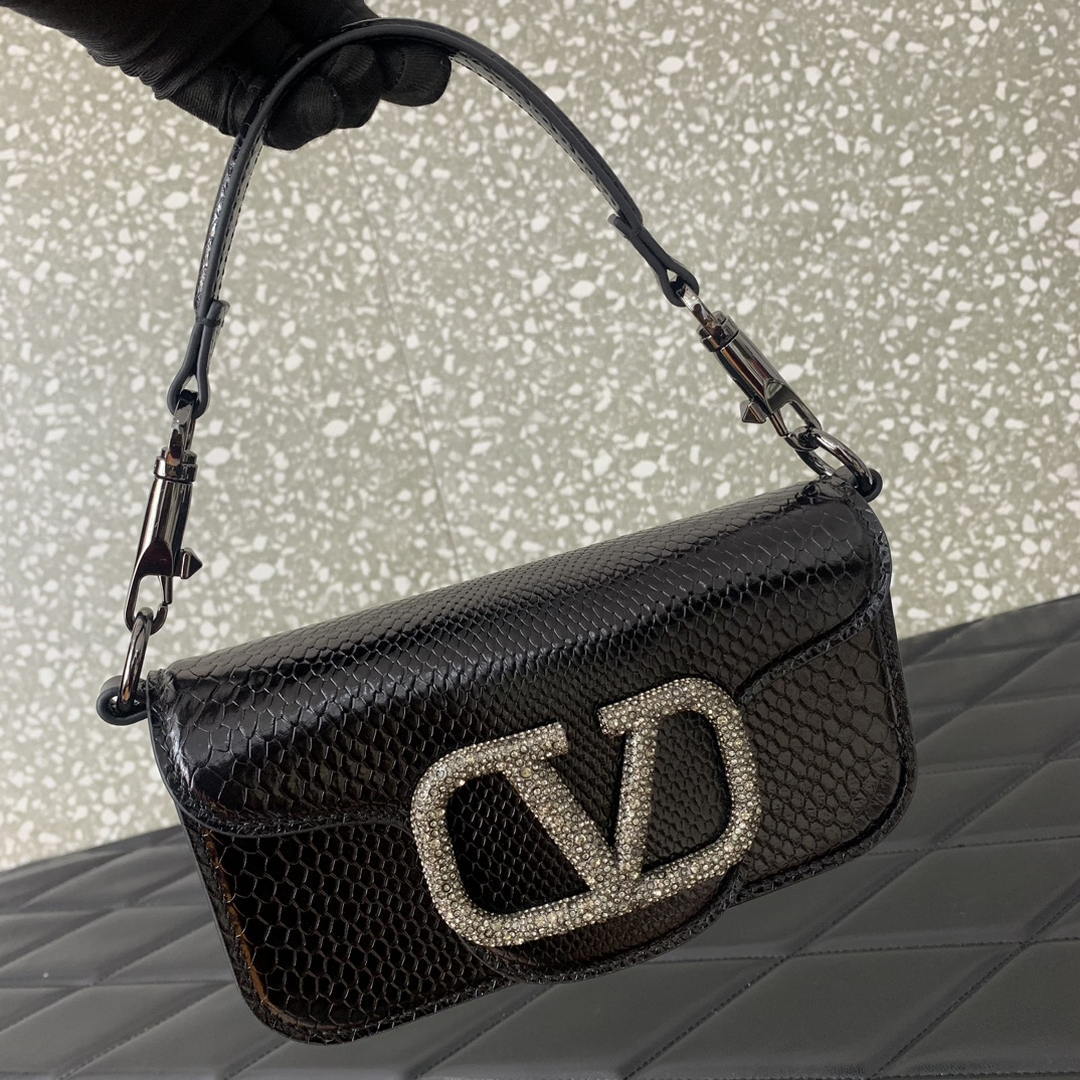 Valentino 8W2B0K53SPV_C8N Garavani Locò small shoulder bag in laminated elaphe Black