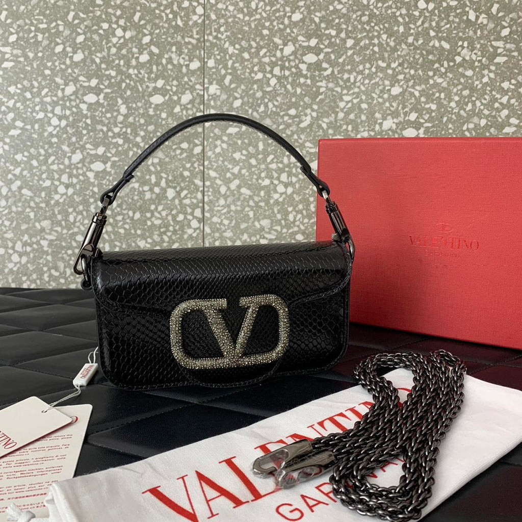 Valentino 8W2B0K53SPV_C8N Garavani Locò small shoulder bag in laminated elaphe Black