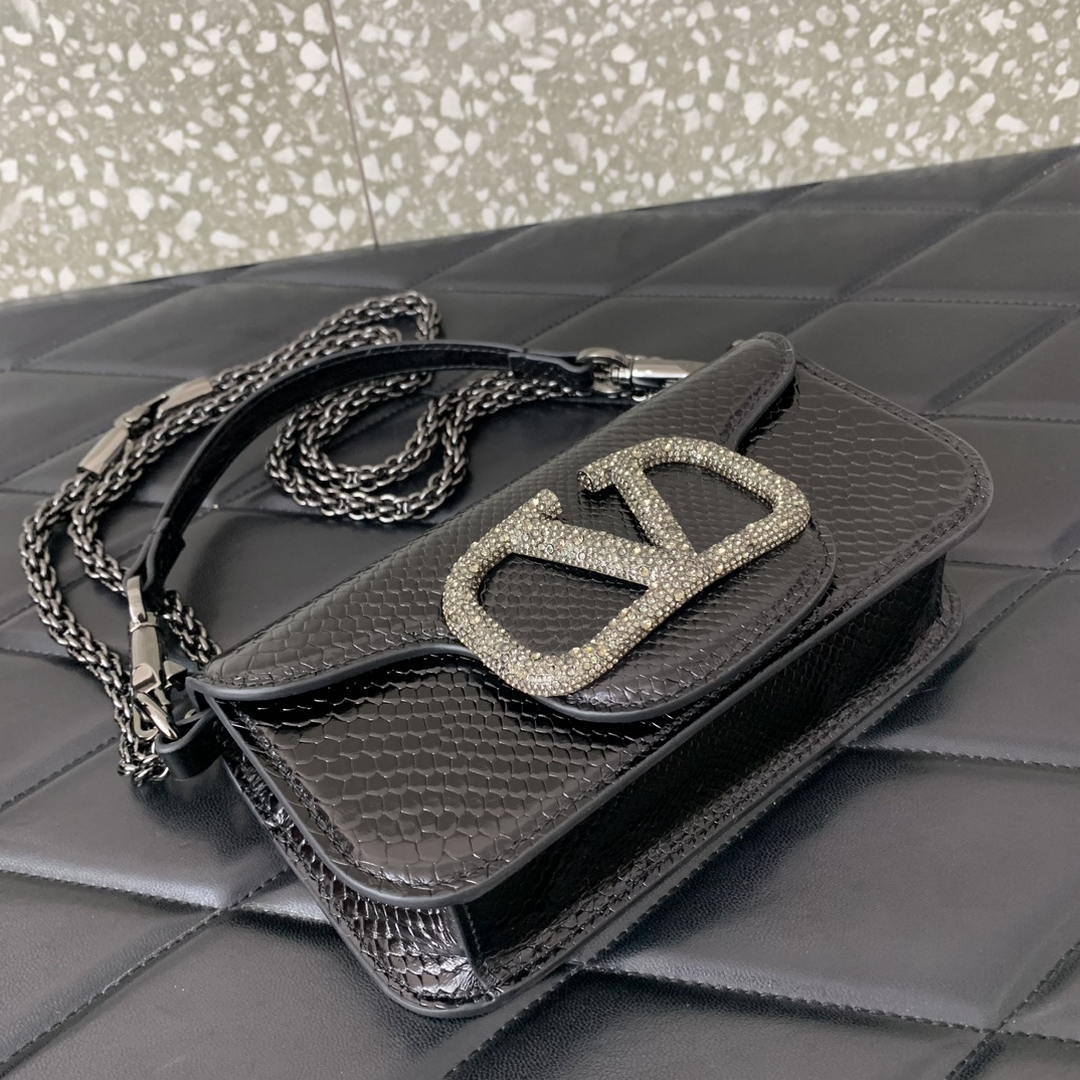 Valentino 8W2B0K53SPV_C8N Garavani Locò small shoulder bag in laminated elaphe Black