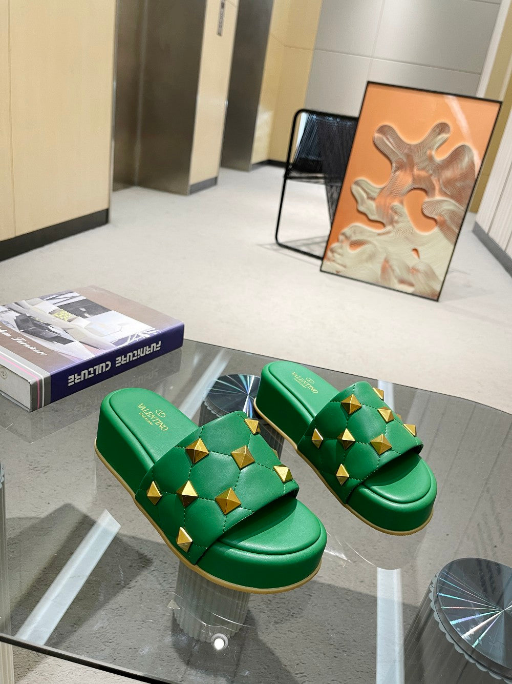 Valentino Stud Flatform Slide Sandal in Quilted Nappa V78100