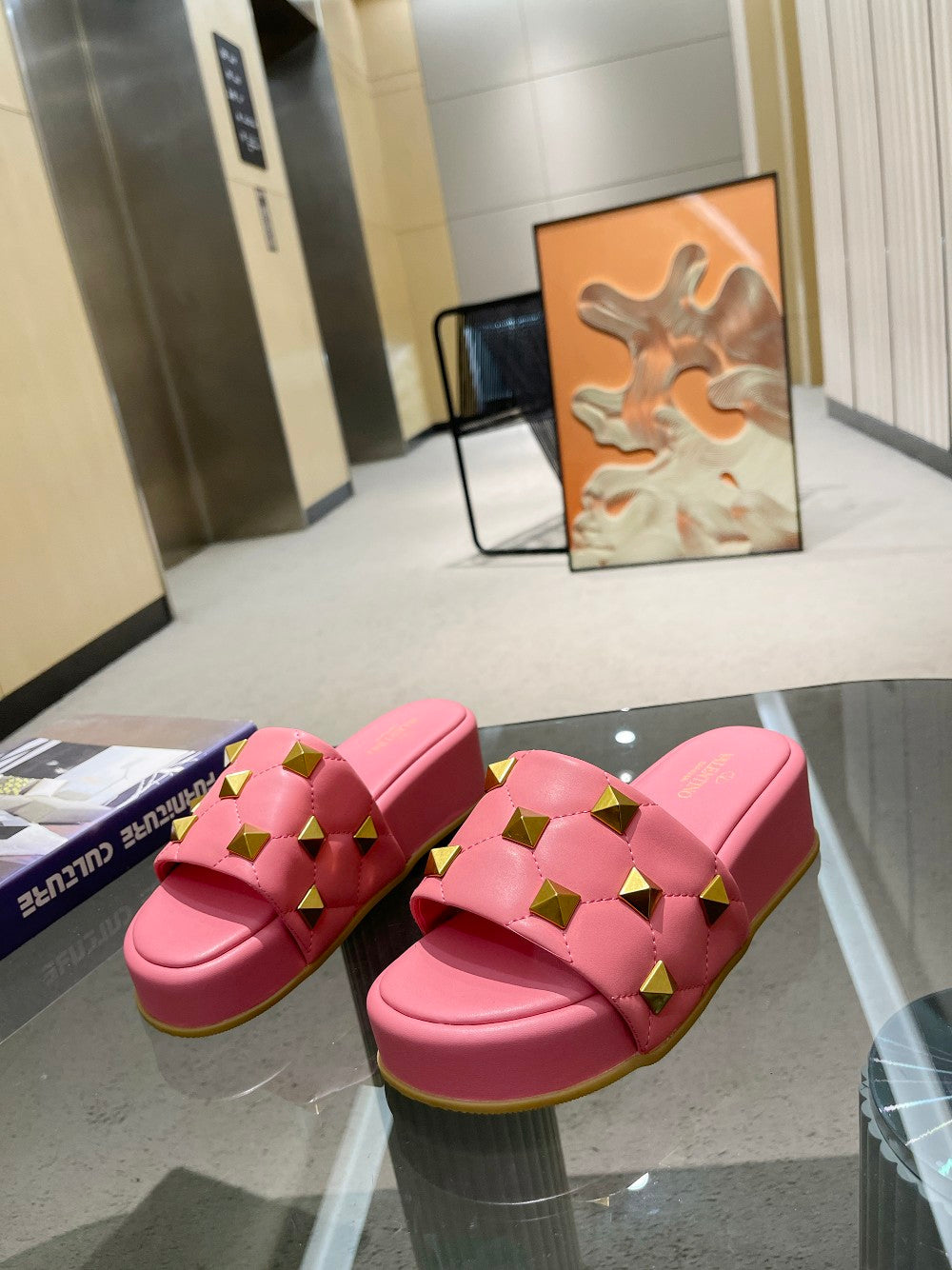 Valentino Stud Flatform Slide Sandal in Quilted Nappa V78101 - 35 - View 1