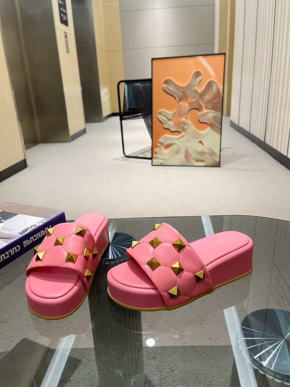 Valentino Stud Flatform Slide Sandal in Quilted Nappa V78101