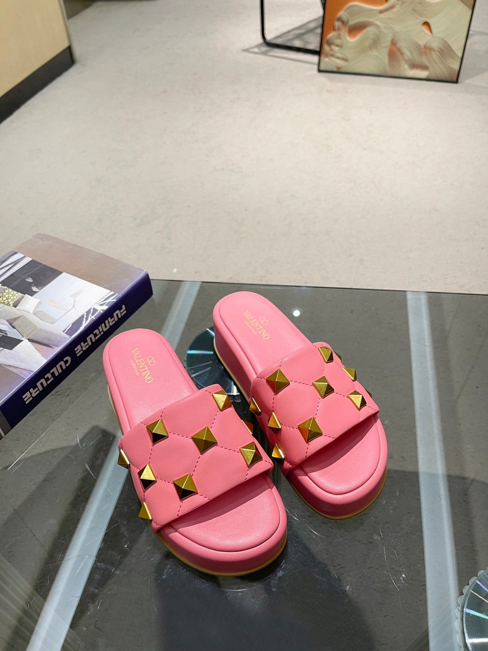 Valentino Stud Flatform Slide Sandal in Quilted Nappa V78101