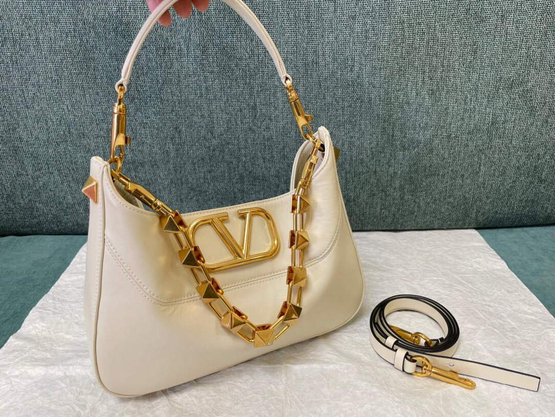 Valentino V0570 Stud Sign Grainy Calfskin Hobo Bag Light Ivory - Default Title - View 1