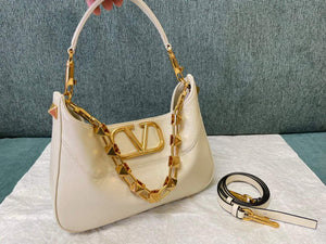 Valentino V0570 Stud Sign Grainy Calfskin Hobo Bag Light Ivory - Default Title - View 1