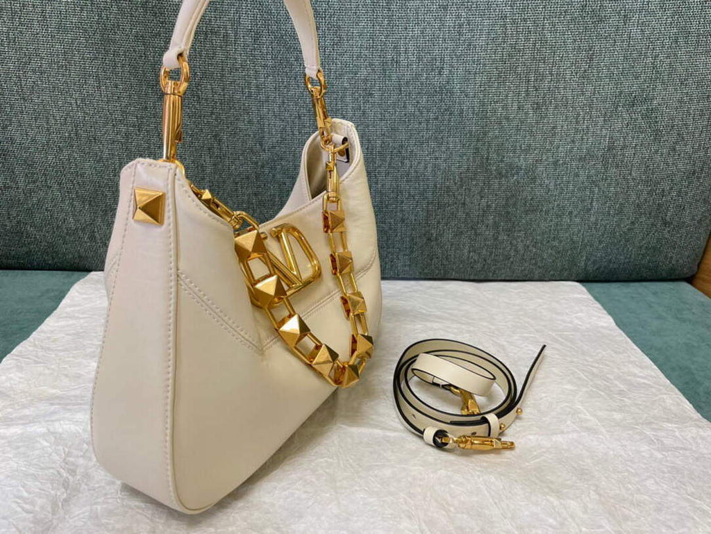 Valentino V0570 Stud Sign Grainy Calfskin Hobo Bag Light Ivory