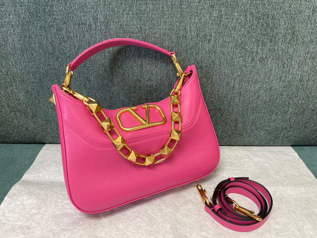 Valentino V0570 Stud Sign Grainy Calfskin Hobo Bag Plum