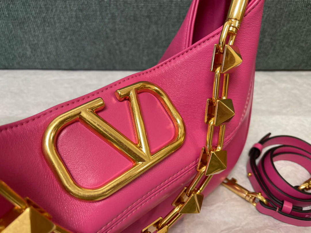 Valentino V0570 Stud Sign Grainy Calfskin Hobo Bag Plum
