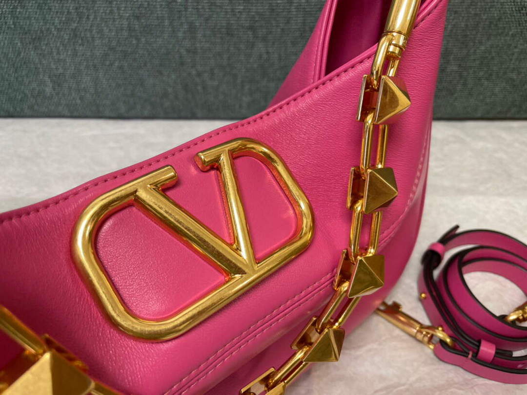 Valentino V0570 Stud Sign Grainy Calfskin Hobo Bag Plum