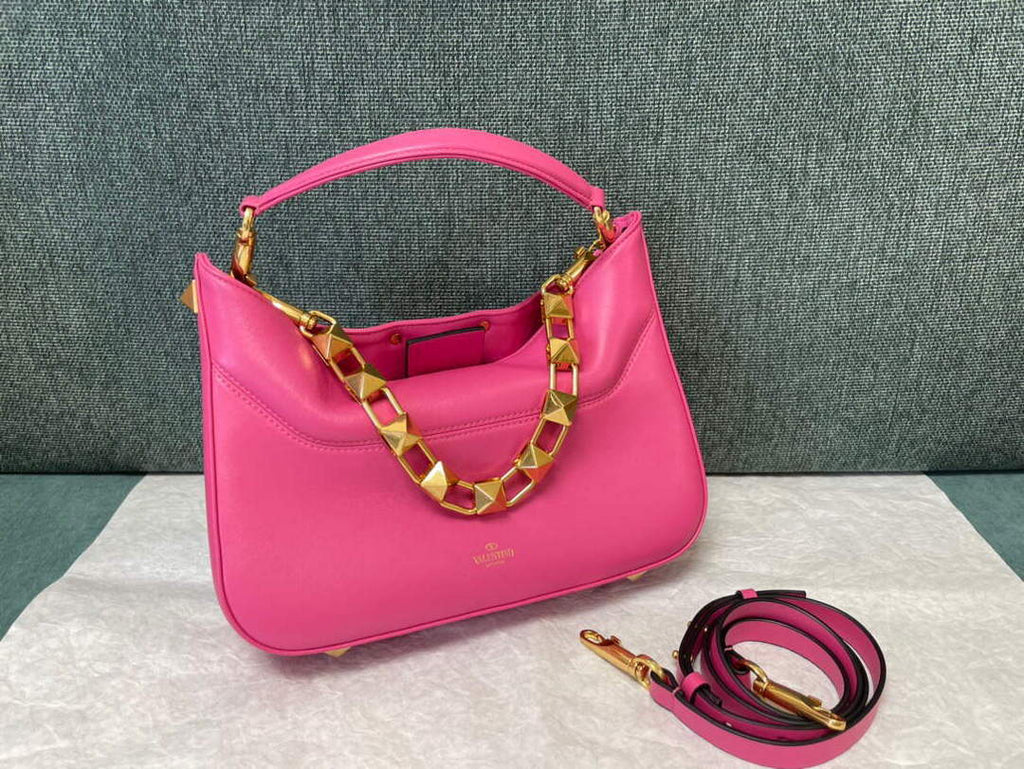 Valentino V0570 Stud Sign Grainy Calfskin Hobo Bag Plum