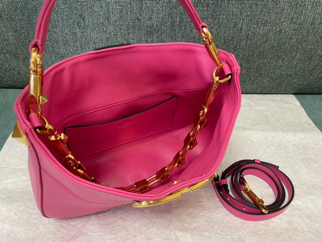Valentino V0570 Stud Sign Grainy Calfskin Hobo Bag Plum