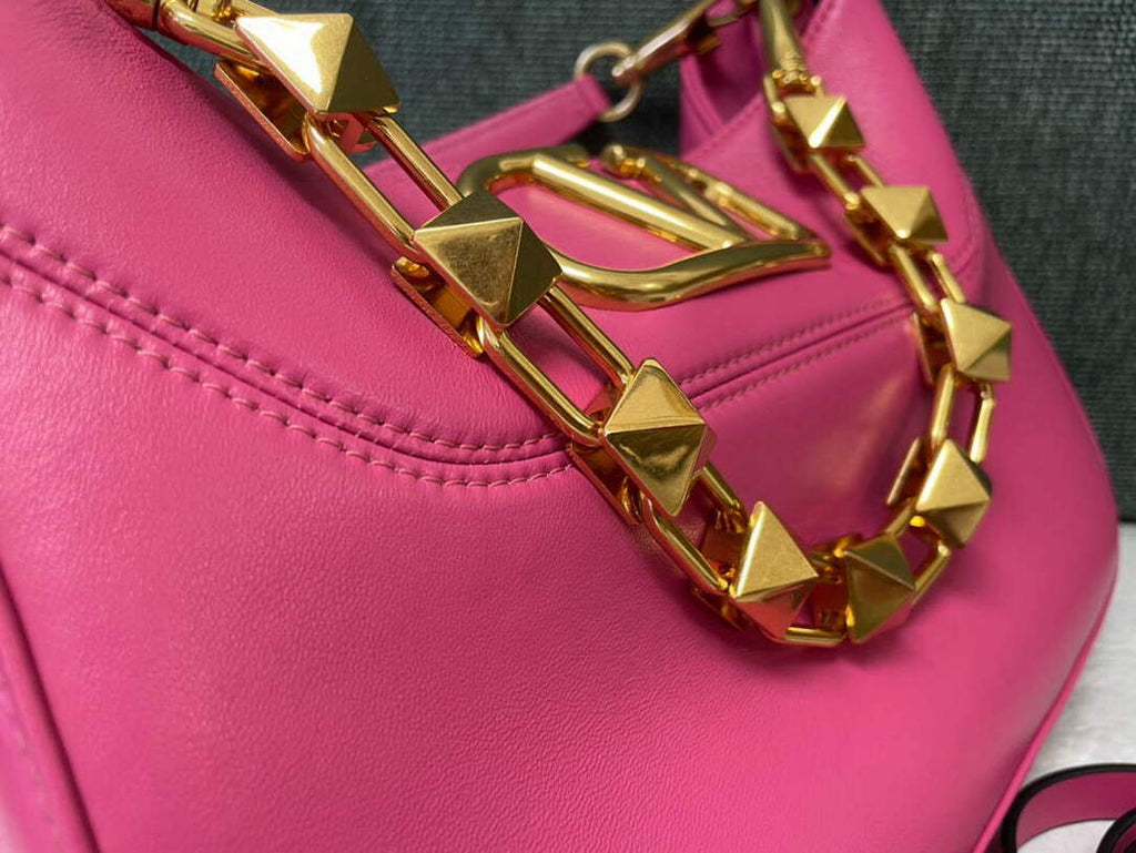 Valentino V0570 Stud Sign Grainy Calfskin Hobo Bag Plum