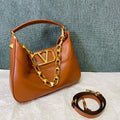 Valentino V0570 Stud Sign Grainy Calfskin Hobo Bag Brown - Default Title - View 1