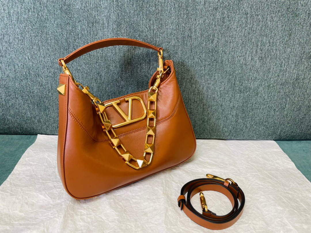Valentino V0570 Stud Sign Grainy Calfskin Hobo Bag Brown - Default Title - View 1