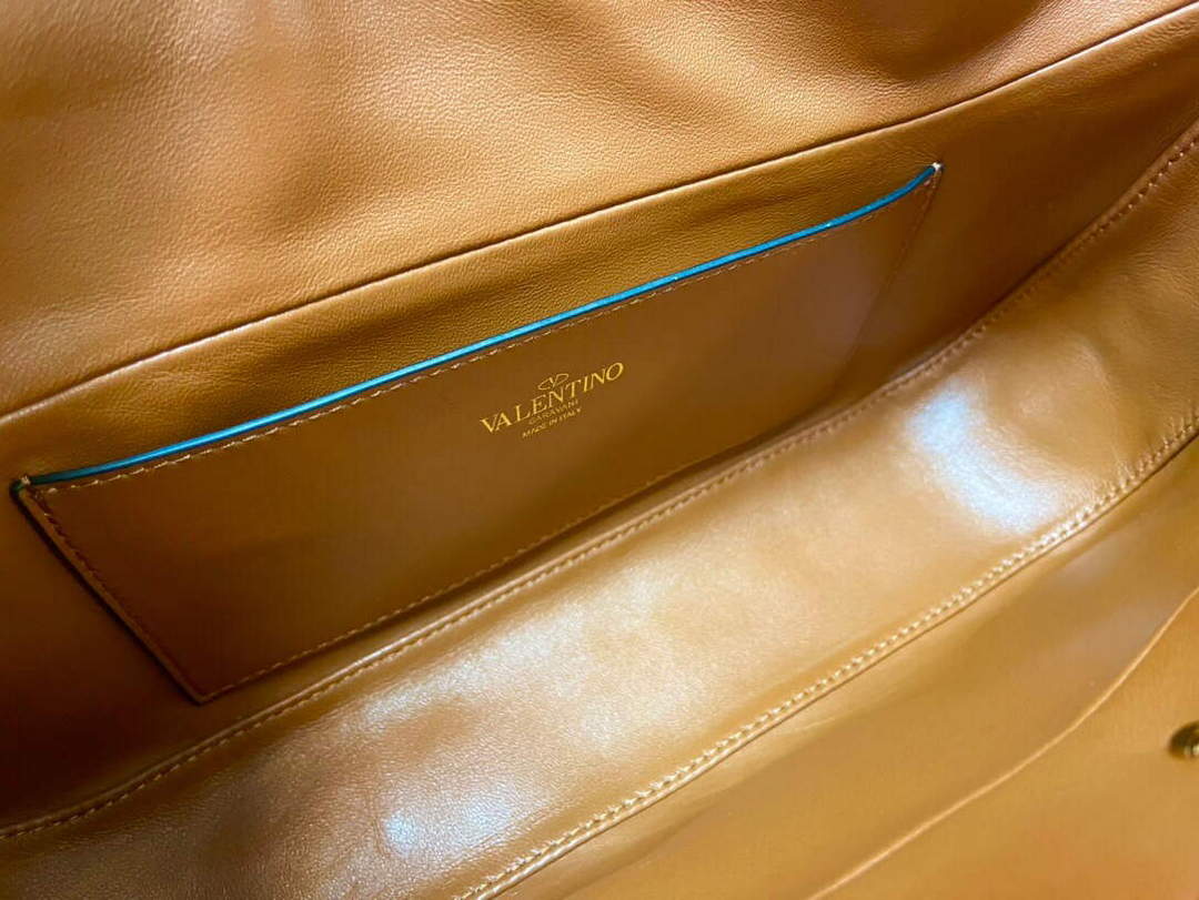 Valentino V0570 Stud Sign Grainy Calfskin Hobo Bag Brown
