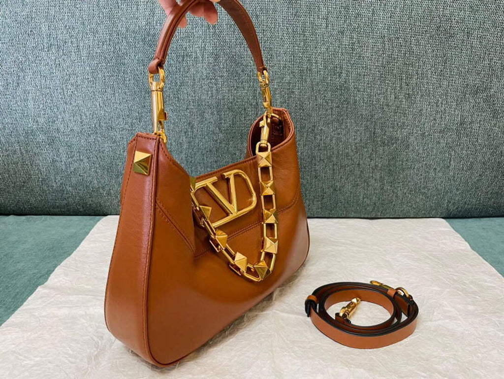Valentino V0570 Stud Sign Grainy Calfskin Hobo Bag Brown