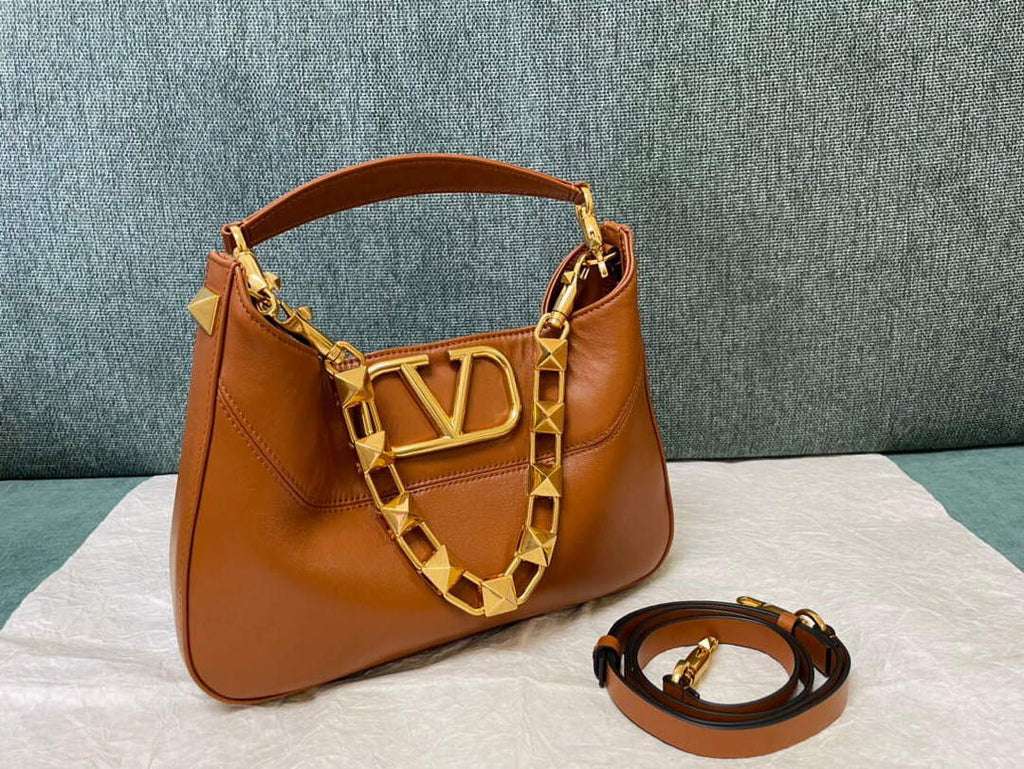 Valentino V0570 Stud Sign Grainy Calfskin Hobo Bag Brown