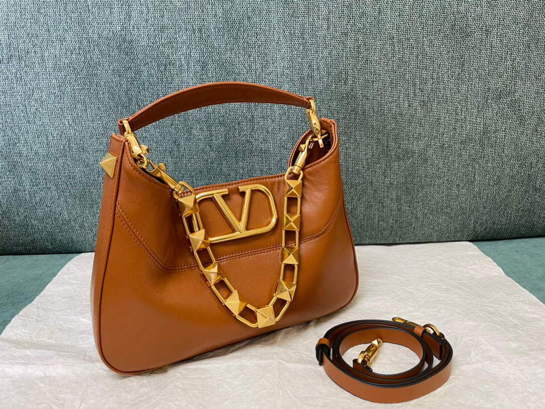 Valentino V0570 Stud Sign Grainy Calfskin Hobo Bag Brown