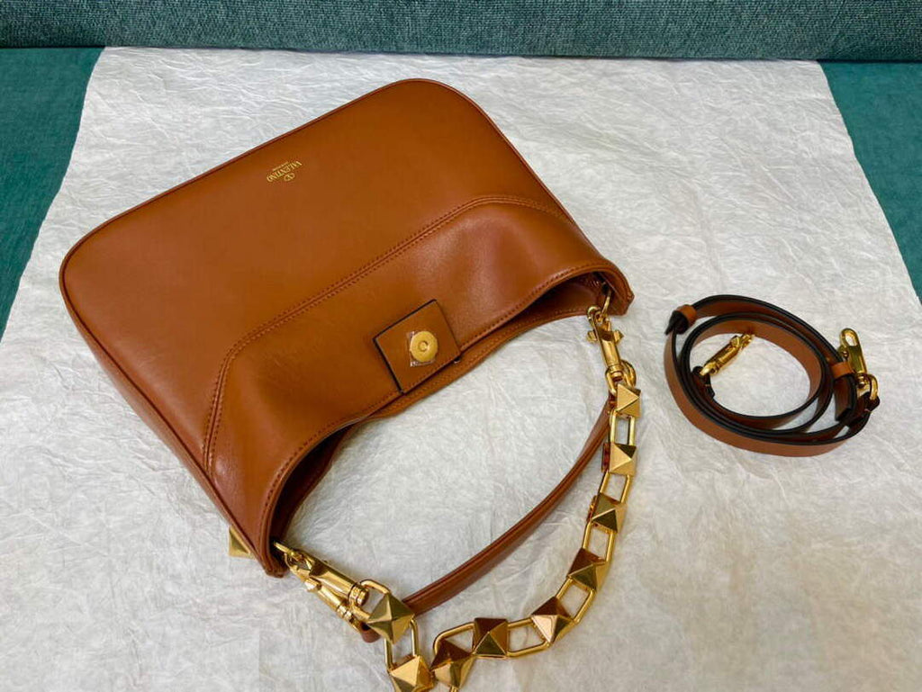 Valentino V0570 Stud Sign Grainy Calfskin Hobo Bag Brown