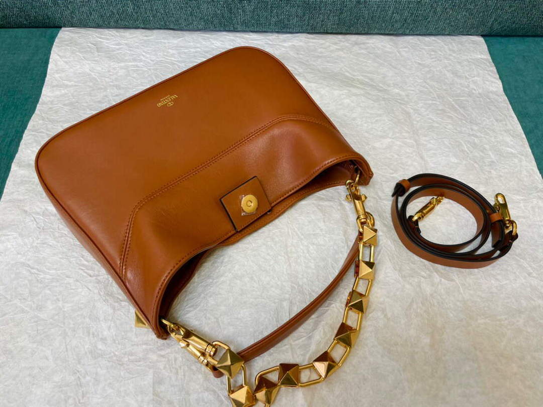 Valentino V0570 Stud Sign Grainy Calfskin Hobo Bag Brown