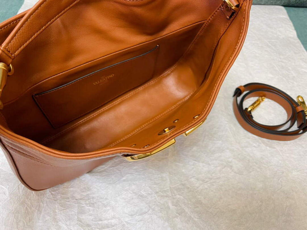 Valentino V0570 Stud Sign Grainy Calfskin Hobo Bag Brown