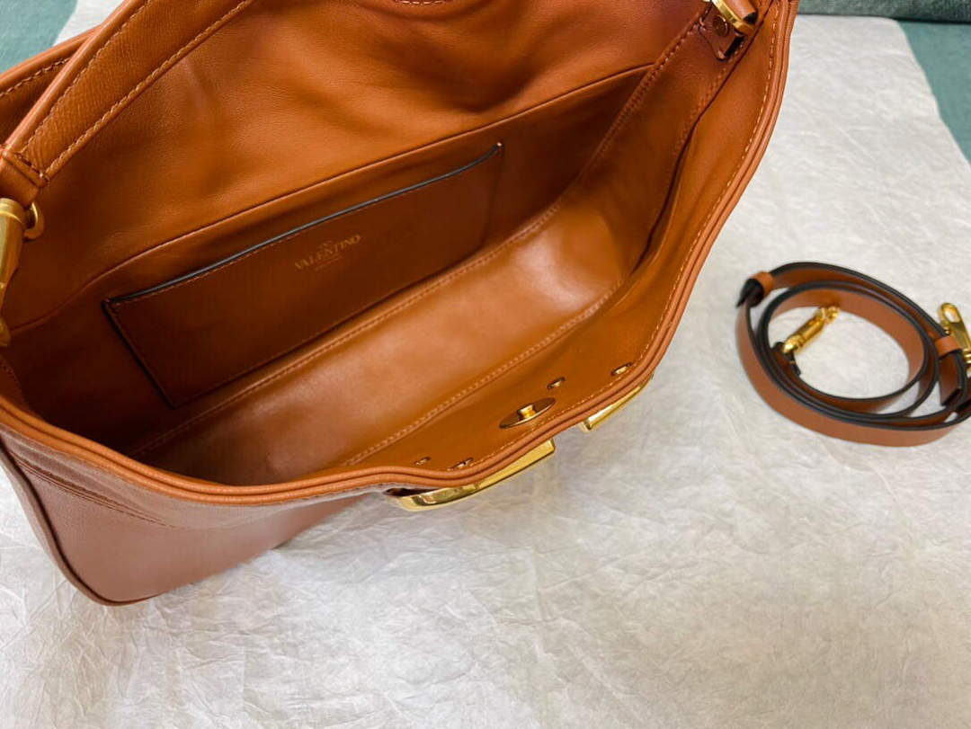 Valentino V0570 Stud Sign Grainy Calfskin Hobo Bag Brown - Default Title - View 6
