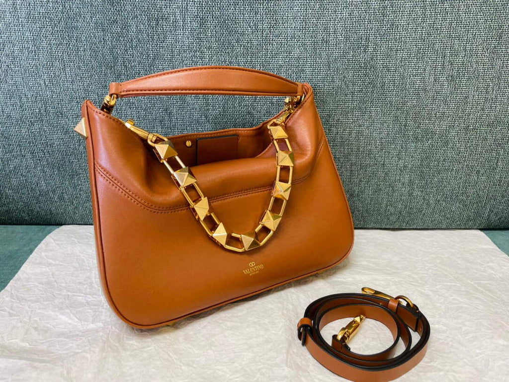 Valentino V0570 Stud Sign Grainy Calfskin Hobo Bag Brown