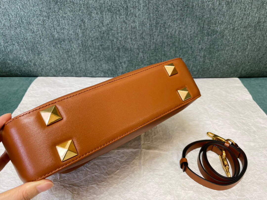 Valentino V0570 Stud Sign Grainy Calfskin Hobo Bag Brown - Default Title - View 9
