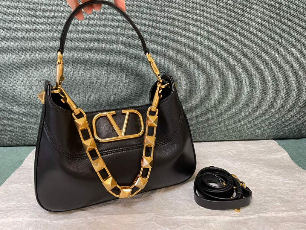 Valentino V0570 Stud Sign Grainy Calfskin Hobo Bag Black