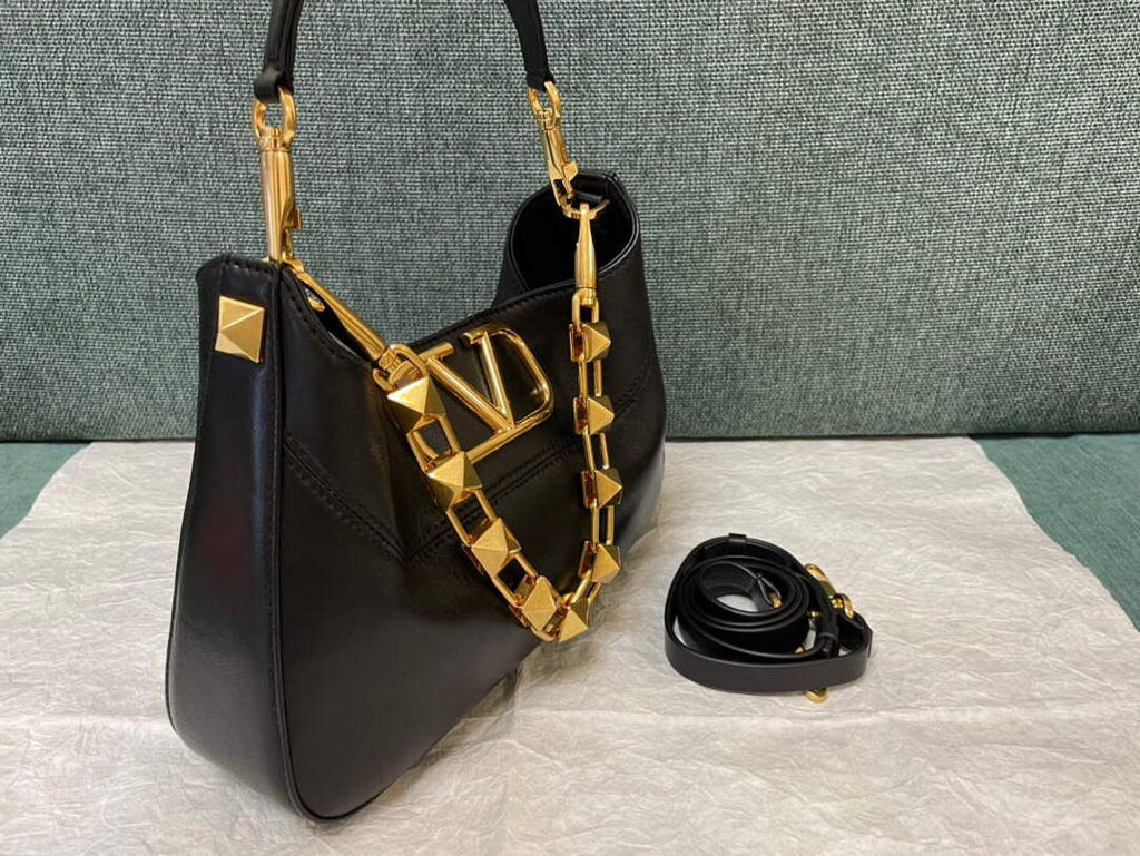 Valentino V0570 Stud Sign Grainy Calfskin Hobo Bag Black