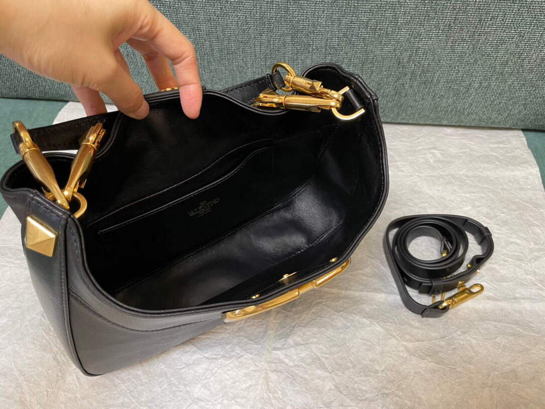 Valentino V0570 Stud Sign Grainy Calfskin Hobo Bag Black