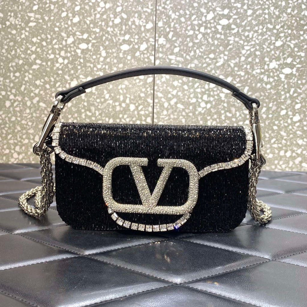 Valentino V3WCRYSTALSILVER Valentino Loc¨° Foldover Top Small Shoulder Bag Black