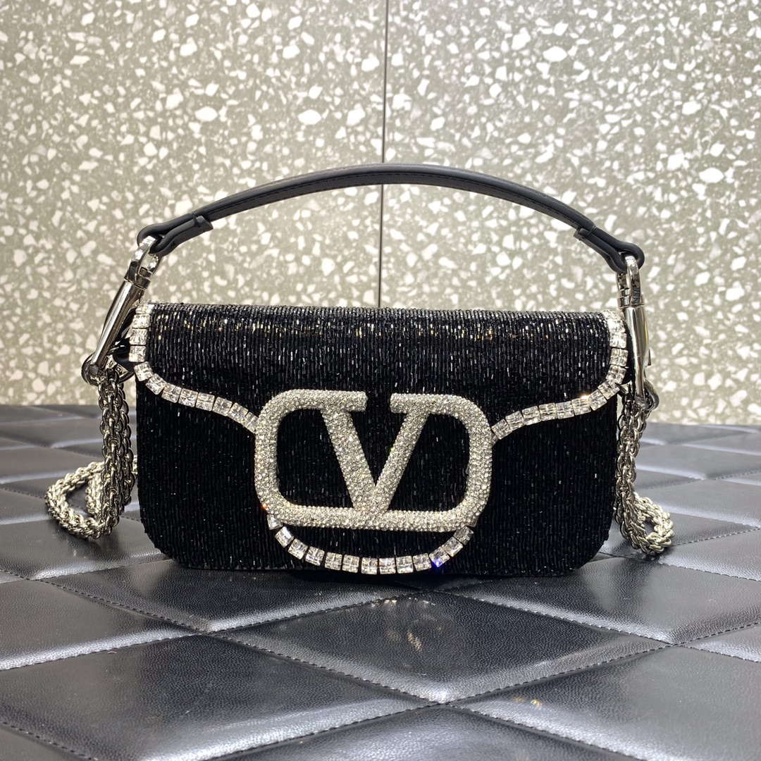 Valentino V3WCRYSTALSILVER Valentino Loc¨° Foldover Top Small Shoulder Bag Black