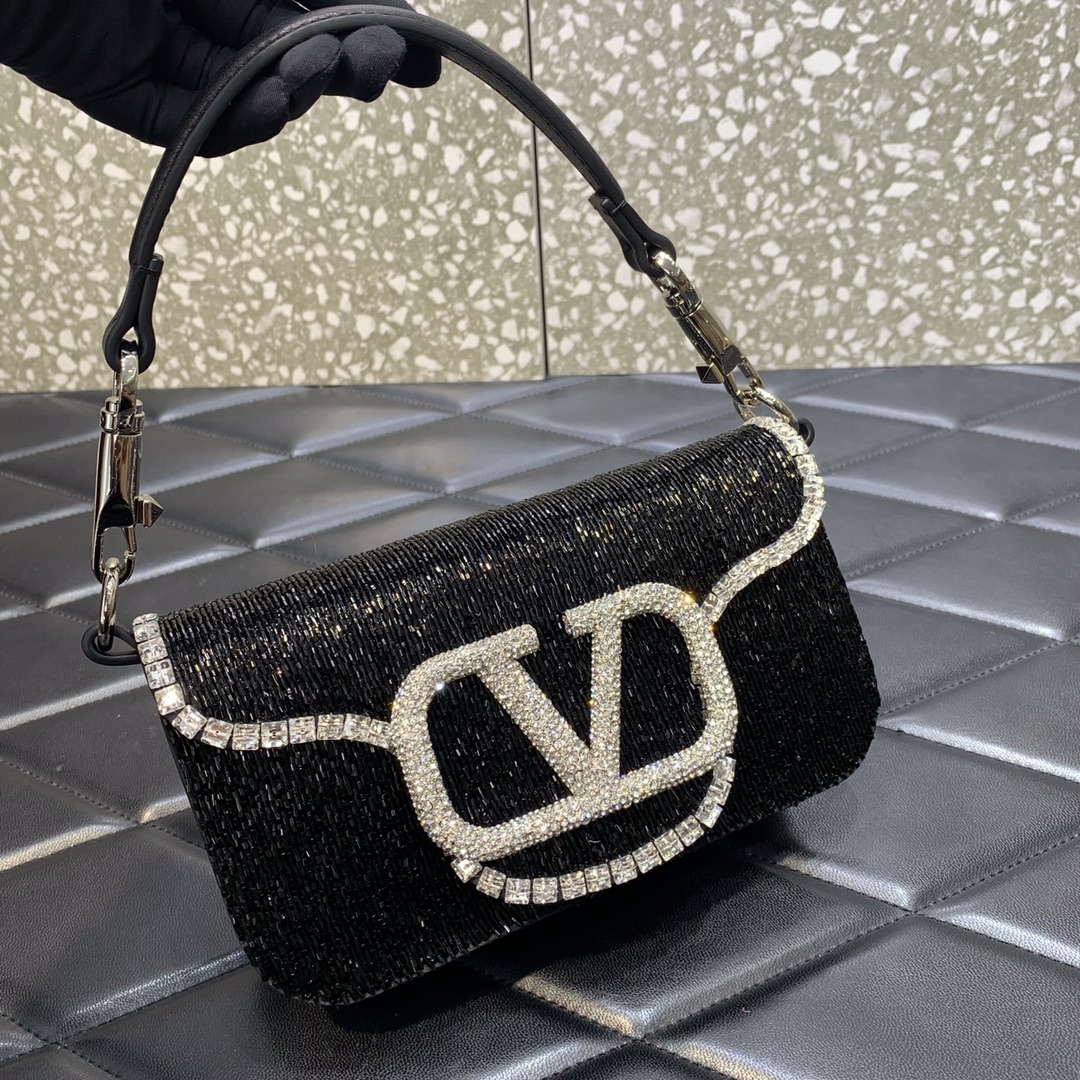 Valentino V3WCRYSTALSILVER Valentino Loc¨° Foldover Top Small Shoulder Bag Black