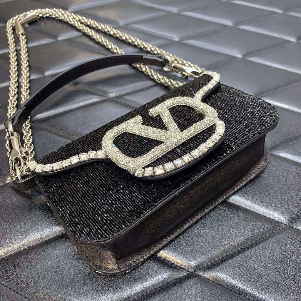 Valentino V3WCRYSTALSILVER Valentino Loc¨° Foldover Top Small Shoulder Bag Black